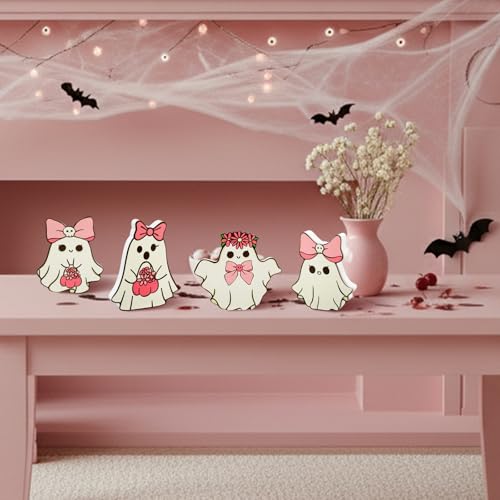 Pink Halloween Ghost Table Decorations - Coquette Bows Ghost - 4 Pcs Wooden Figurines for Home & Party
