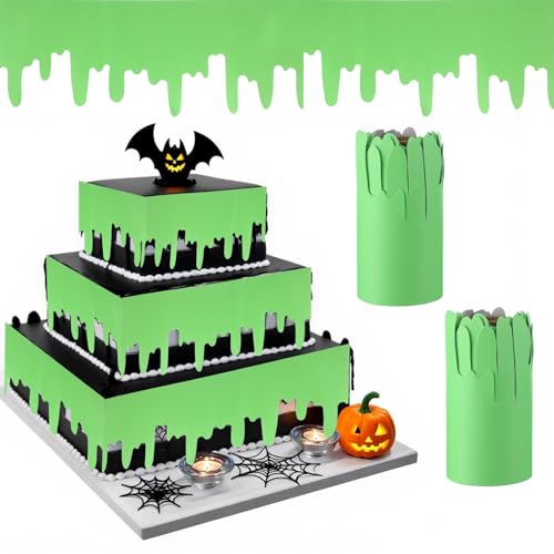 Neon Ghost Cake Border Decor - Green Dripping Halloween Party Wrap - 2 Rolls