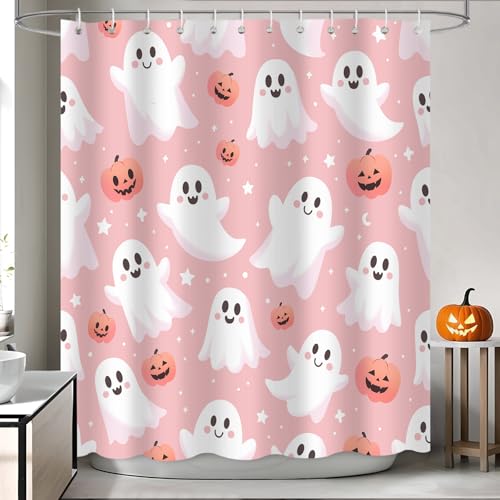 Halloween Shower Curtain Pink Cute Abstract Spooky Pumpkin Bathroom Decor with 12 Hooks - Pink3