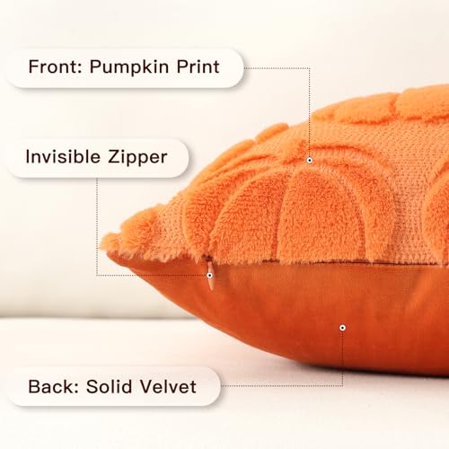 Fall Pumpkin Pillow Cover Set - Orange 16x16 Inch Wool Velvet Sofa Cushion