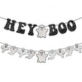 Halloween Banner with Ghost Garland - Black Glitter 'Hey Boo' Party Decor