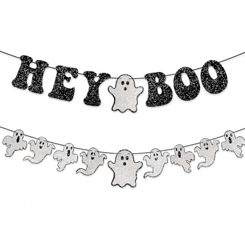Halloween Banner with Ghost Garland - Black Glitter 'Hey Boo' Party Decor