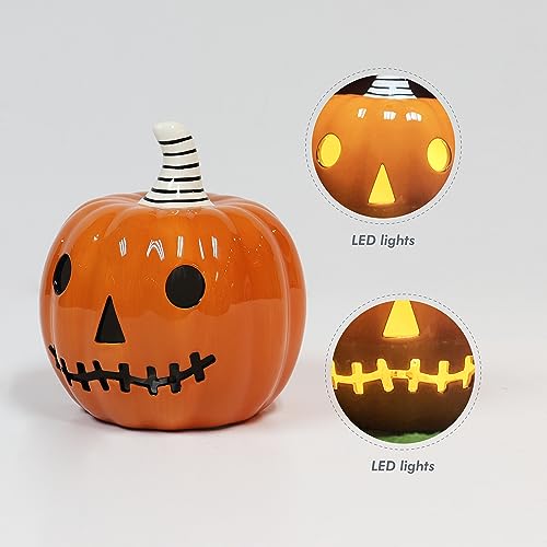 Halloween Ceramic Pumpkin Decor with LED Light - Orange, 5.5 Inch Tabletop Jack O Lantern