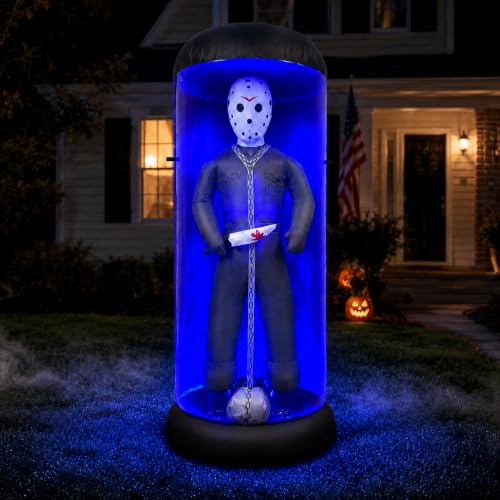 7.6FT Halloween Inflatable Outdoor Decoration with Blue LED Lights - Caged Masked Killer Yard Decor - Variation: Blue