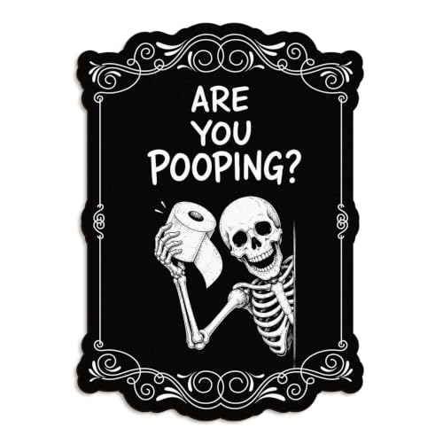 Funny Halloween Skeleton Bathroom Sign - Are You Pooping - Black Gothic Wall Decor