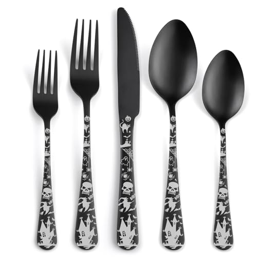 Matte Black Halloween Skull Silverware Set - 40 Piece Flatware for 8