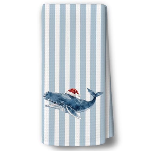 Whale Ocean Blue Stripe Christmas Kitchen Towels 16x24 - Variation 35
