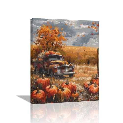Fall Pumpkin Truck Wall Art Canvas - Farmhouse Autumn Decor for Bedroom & Living Room - 20x16
