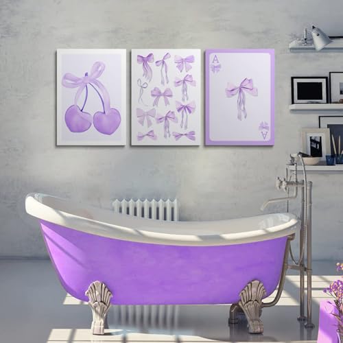 Framed Purple Coquette Bows Wall Art Set of 3 - 12x16 Inch Dorm Room Decor