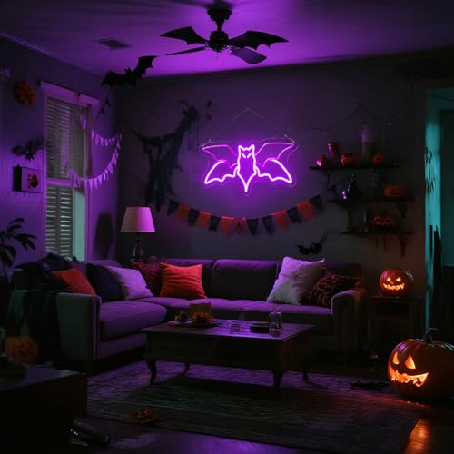 15IN Purple Bat Neon Sign Halloween Wall Decor - 3D Animated LED Light for Bedroom & Party