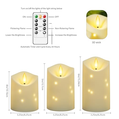 Outdoor Waterproof Flameless Candles Set - 3 LED Pillar Candles with Star String, Remote & Timer - Ivory, D 3.25"xH 4-6"