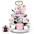 Pink Halloween Tiered Tray Decor Set - Indoor Wooden Signs with Ghost Bat Pumpkin Centerpieces