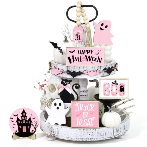 Pink Halloween Tiered Tray Decor Set - Indoor Wooden Signs with Ghost Bat Pumpkin Centerpieces