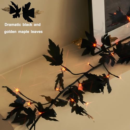 Black Maple Halloween Garland with Lights - 6FT Battery Operated with Timer