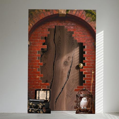 Magical Wizard Door Porch Banner - Red Brick Wall Backdrop Decoration 4.2x6.5 Ft