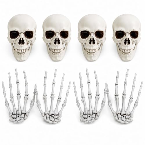 Halloween Skeleton Decorations Set with Skull Heads and Hands - 8 Pack Miniature Props for Haunted House & Yard Decor