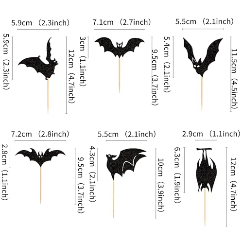 Halloween Bat Cupcake Toppers - Black Glitter Silhouette, Pattern 16, 24 Pack