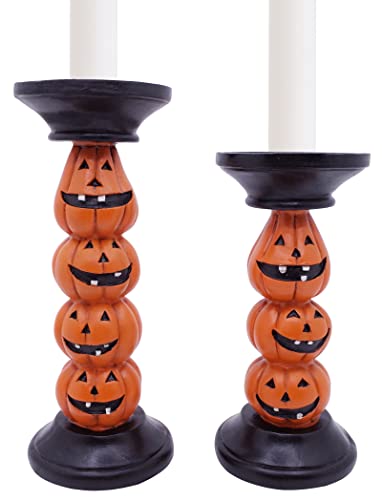 Halloween Pumpkin Candle Holder Set of 2 - Indoor Fireplace Decor, 9.5 Inch Polyresin Candlesticks