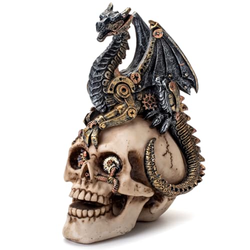 Steampunk Dragon on Human Skull Statue Gothic Decor Collectible