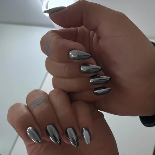Black Chrome Almond Press On Nails - Medium Length Metallic Fake Nails for Women