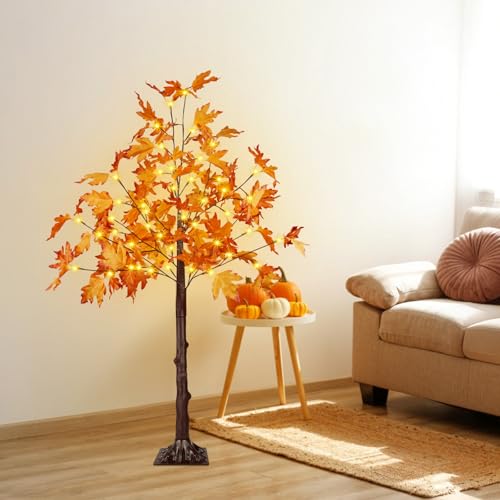 1 Pack 4FT Lighted Maple Tree with 50 LEDs - Fall Artificial Tree for Indoor Outdoor Decor