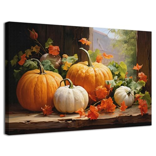 Fall Pumpkin Canvas Wall Art - 16x12 Inch Autumn Themed Farmhouse Decor