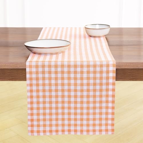 Pure Linen Apricot Table Runner 14x120 Gingham Check - Handmade, Formal Dining