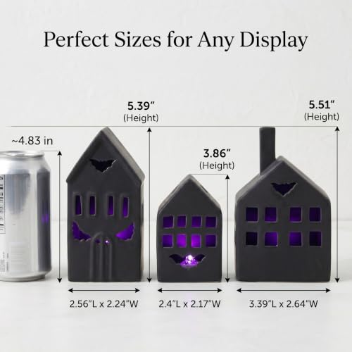 Halloween Village Ceramic Haunted House Figurine Set with Timer & LED Lights