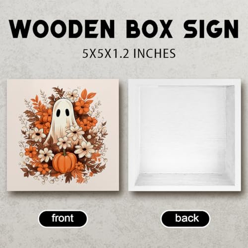 Fall Wooden Sign Decor - 5x5 Inch Halloween Pumpkin & Ghost Wall Art