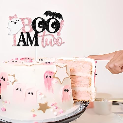 Halloween 2nd Birthday Cake Topper - Pink & Black Glitter Ghost Decor