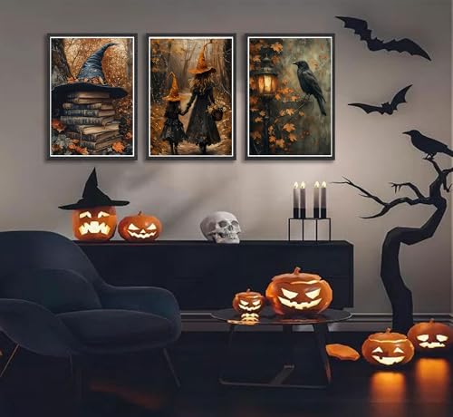 Halloween Canvas Wall Art Set - 3 Pieces 24x16 Inches Gothic Witch Books Crow Autumn Decor