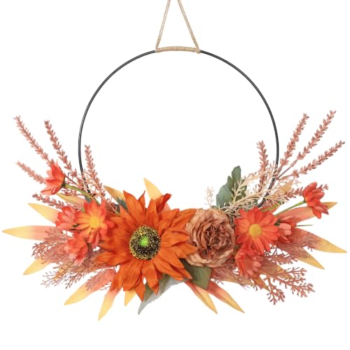 Fall Sunflower Wreath for Front Door - 17 Inch Artificial Autumn Decor - Orange Flowers