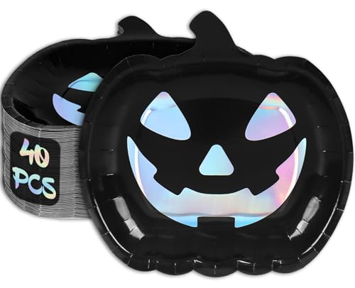 Halloween Iridescent Black Pumpkin Paper Plates 40-Pack - Spooky Party Tableware