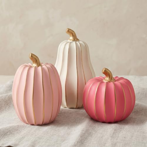 White Pink Gold Pumpkin Decor Set - 3 Resin Fall Figurines with Gold Trim & Metallic Stems - Variation of THIS listing