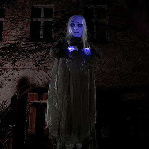 Animated Hanging Ghost Girl Halloween Decor - Glowing Head & Creepy Sounds, 48 Inch with Gray Variation