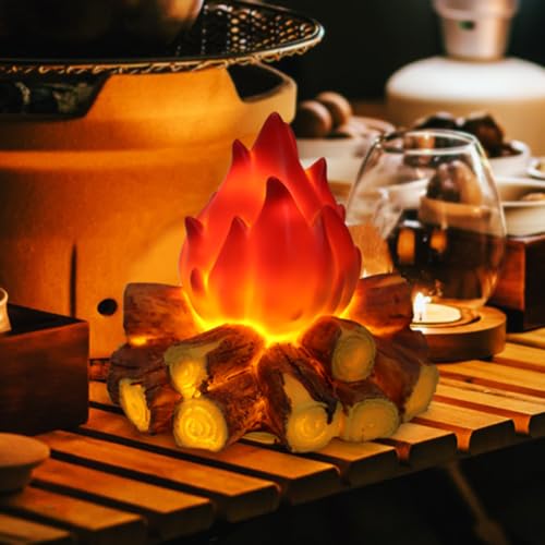Small Fake Campfire Night Light - 3D Flickering LED Fire Flame with Log for Home Decor