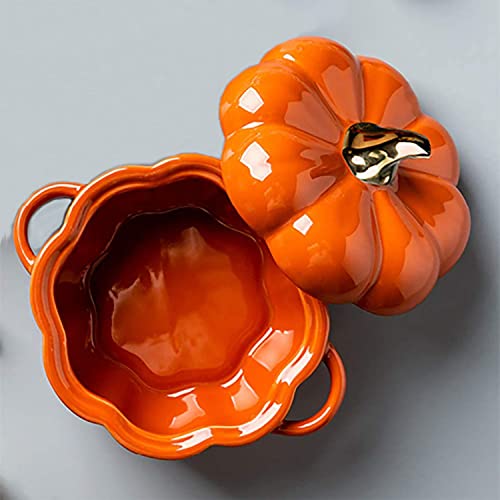 Orange Pumpkin Bowl Set with Lid & Handle, 14 Oz Ceramic Ramekins for Baking & Serving