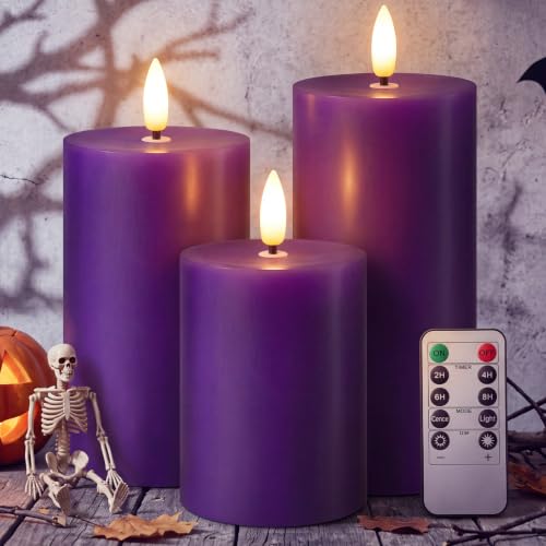 Set of 3 Purple Flameless Real Wax LED Pillar Candles with Remote Control