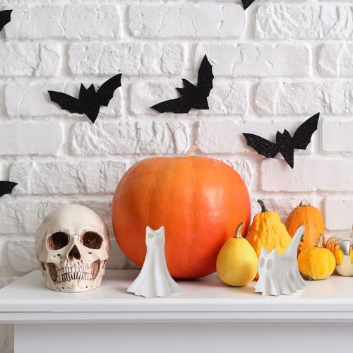 Halloween Ghost Cat LED Figurines Set - Spooky Tabletop Decor with Amber Glow