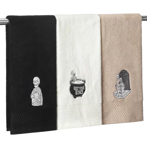 Cotton Skeleton Bathroom Towels Set - Halloween Gothic Hand Towels, 3 Pieces