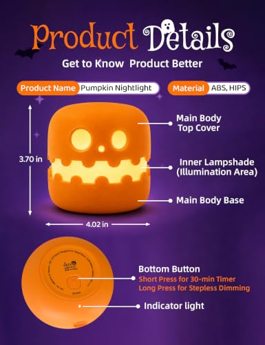 WANIDEA Pumpkin Night Light for Kids, 4-Inch Cute Halloween Lamp with Dimming