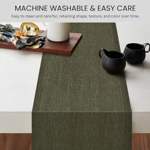 Olive Green Linen Table Runner 72 Inch Long - Rustic Farmhouse Decor
