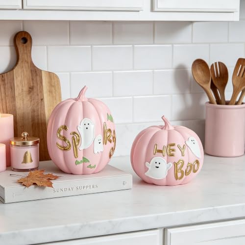 Pink Halloween Pumpkin Decor Set with Ghost and Bat - Fall & Spooky Table Centerpieces - WDS WONDROUS