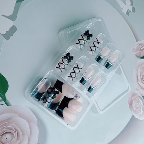 Colorful French Tip Press On Nails Medium Long Bling Rhinestone Bow 3D Bow Artificial Nails - 24pcs - Bow Ties