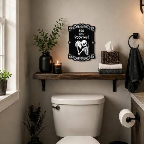 Funny Halloween Skeleton Bathroom Sign - Are You Pooping - Black Gothic Wall Decor