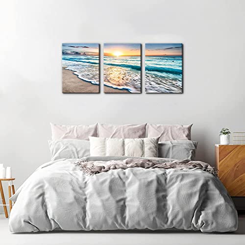Beach Canvas Wall Art Set - 3 Panels Seascape Sunset Coastal Decor - 12x16 Inches Each - Ready to Hang