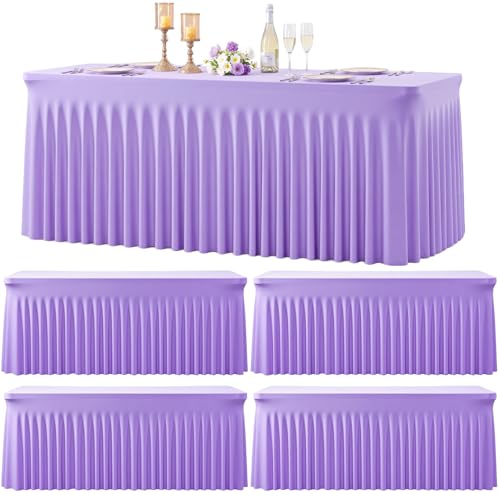 Lavender Spandex Tablecloths for 6ft Rectangle Tables - 4 Pack Light Purple Stretch Fitted Cover with Skirt