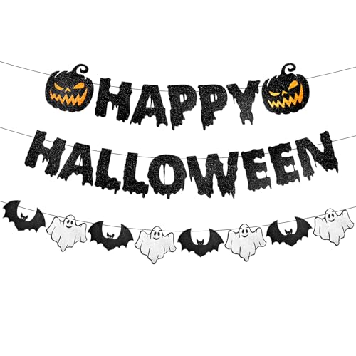 Black Glitter Halloween Banner with Pumpkin Ghost Bat Decorations - Party Wall Decor