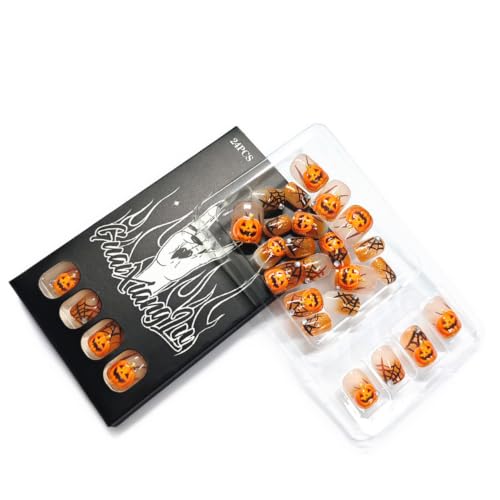 Halloween Short Square Press On Nails with 3D Pumpkin & Spider Web Glitter - Variation 49