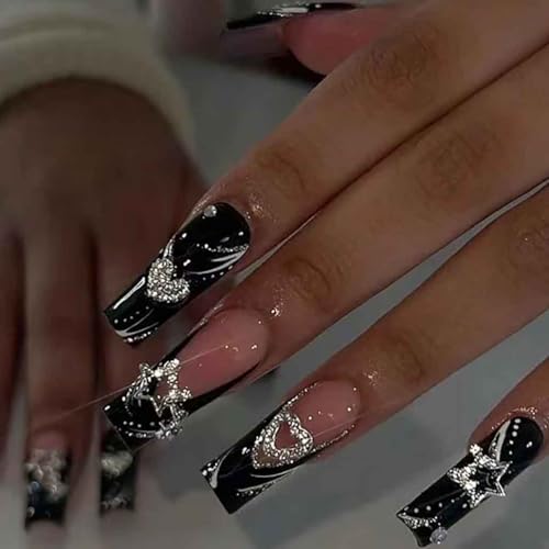Press On Nails Long Rhinestone Fake Nails Black Square Bling 24pcs - Variation 2